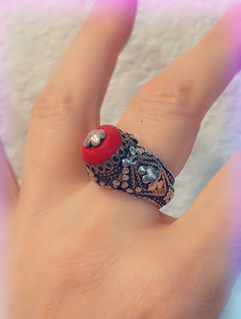 Coral Vintage Middle Eastern Yemeni Bedouin Sterling Silver Ring